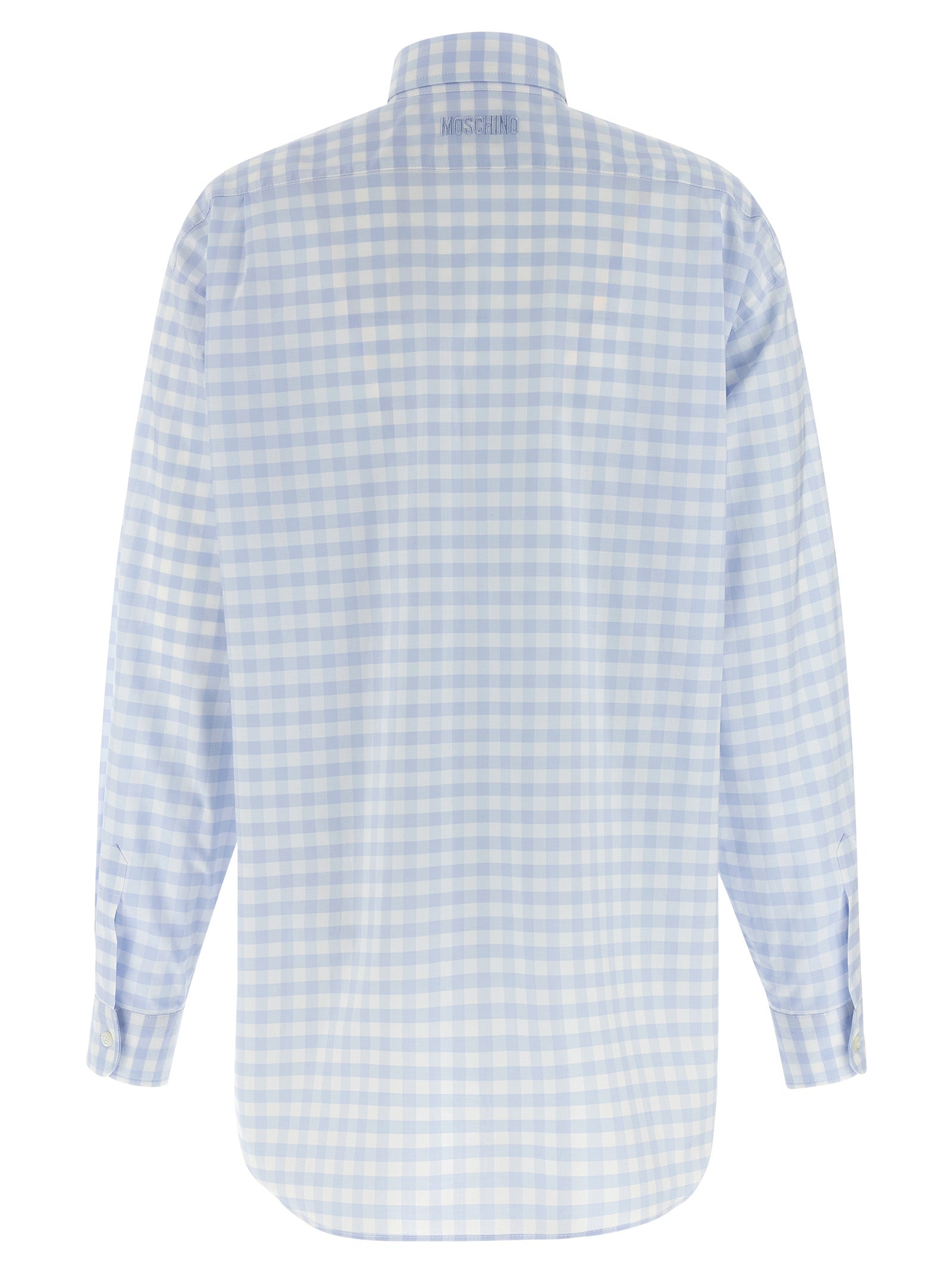Blouse by Moschino for women in cotton light-blue & patterned showcases a sharp silhouette, elegantly detailed with a sharp and sharp .