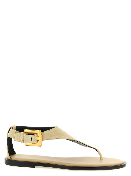 Balmain Anthem Women's Calfskin Leather Flat Thong Sandals - Beige