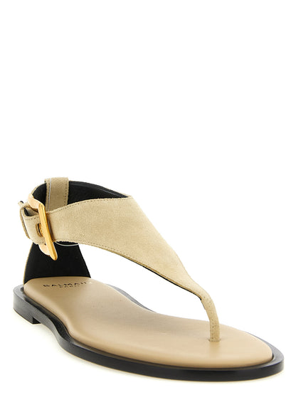 Balmain Anthem Women's Calfskin Leather Flat Thong Sandals - Beige
