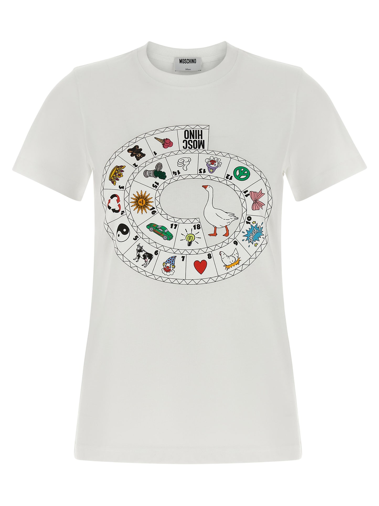 T-Shirt by Moschino for women in organic cotton white & print showcases a fashionable silhouette, elegantly detailed with a fashionable short-sleeve and crew neckline for a sophisticated, high-fashion look.