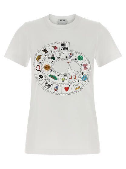 T-Shirt by Moschino for women in organic cotton white & print showcases a fashionable silhouette, elegantly detailed with a fashionable short-sleeve and crew neckline for a sophisticated, high-fashion look.