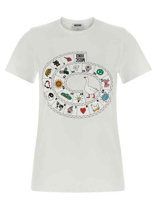 T-Shirt by Moschino for women in organic cotton white & print showcases a fashionable silhouette, elegantly detailed with a fashionable short-sleeve and crew neckline for a sophisticated, high-fashion look.