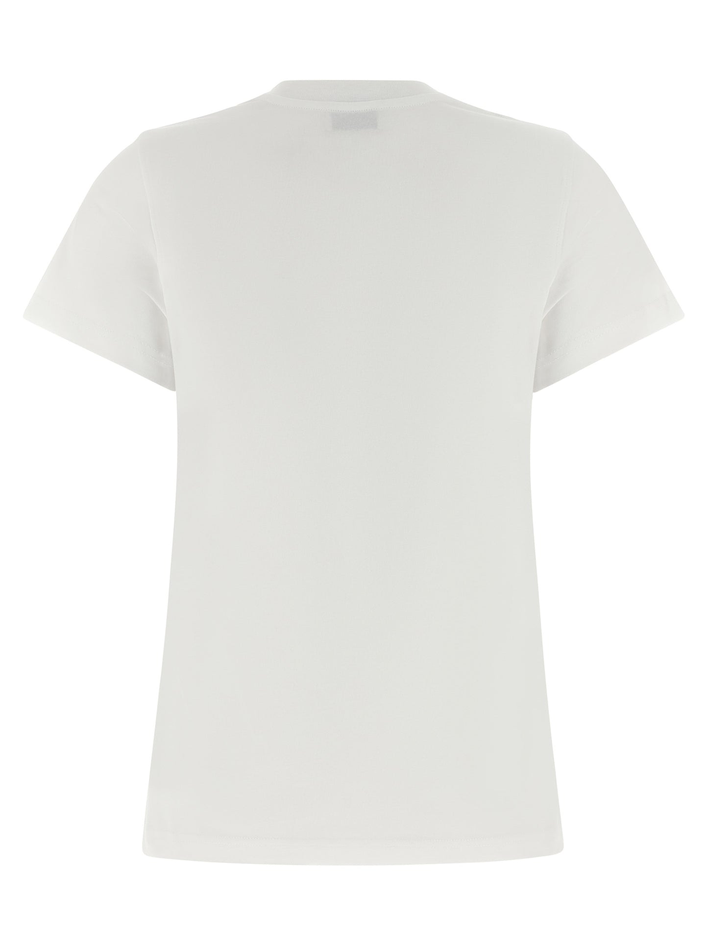 T-Shirt by Moschino for women in organic cotton white & print showcases a unassuming silhouette, artfully detailed with a refined crew neckline and unassuming for a sophisticated, contemporary look.