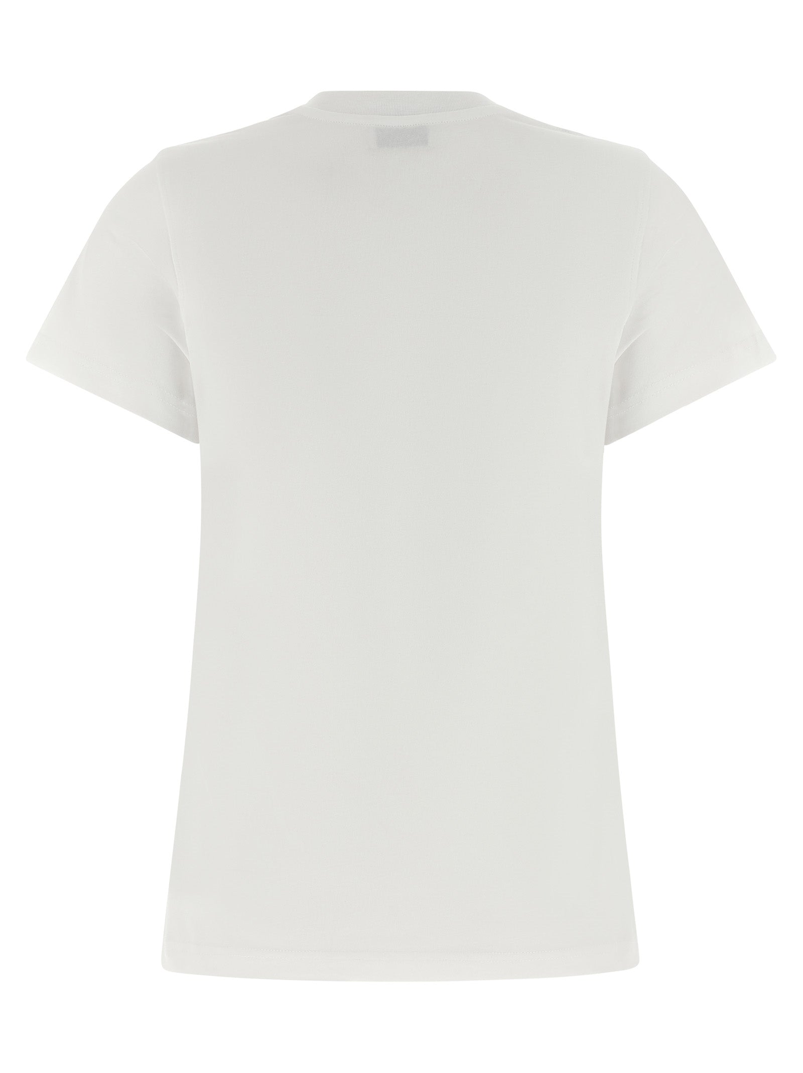 T-Shirt by Moschino for women in organic cotton white & print showcases a unassuming silhouette, artfully detailed with a refined crew neckline and unassuming for a sophisticated, contemporary look.
