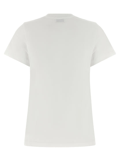 T-Shirt by Moschino for women in organic cotton white & print showcases a unassuming silhouette, artfully detailed with a refined crew neckline and unassuming for a sophisticated, contemporary look.
