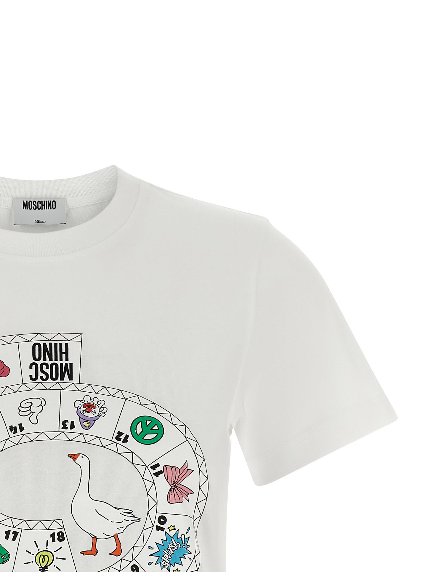 T-Shirt by Moschino for women in organic cotton white & print showcases a chic silhouette, artfully detailed with a chic crew neckline and for a chic finish.