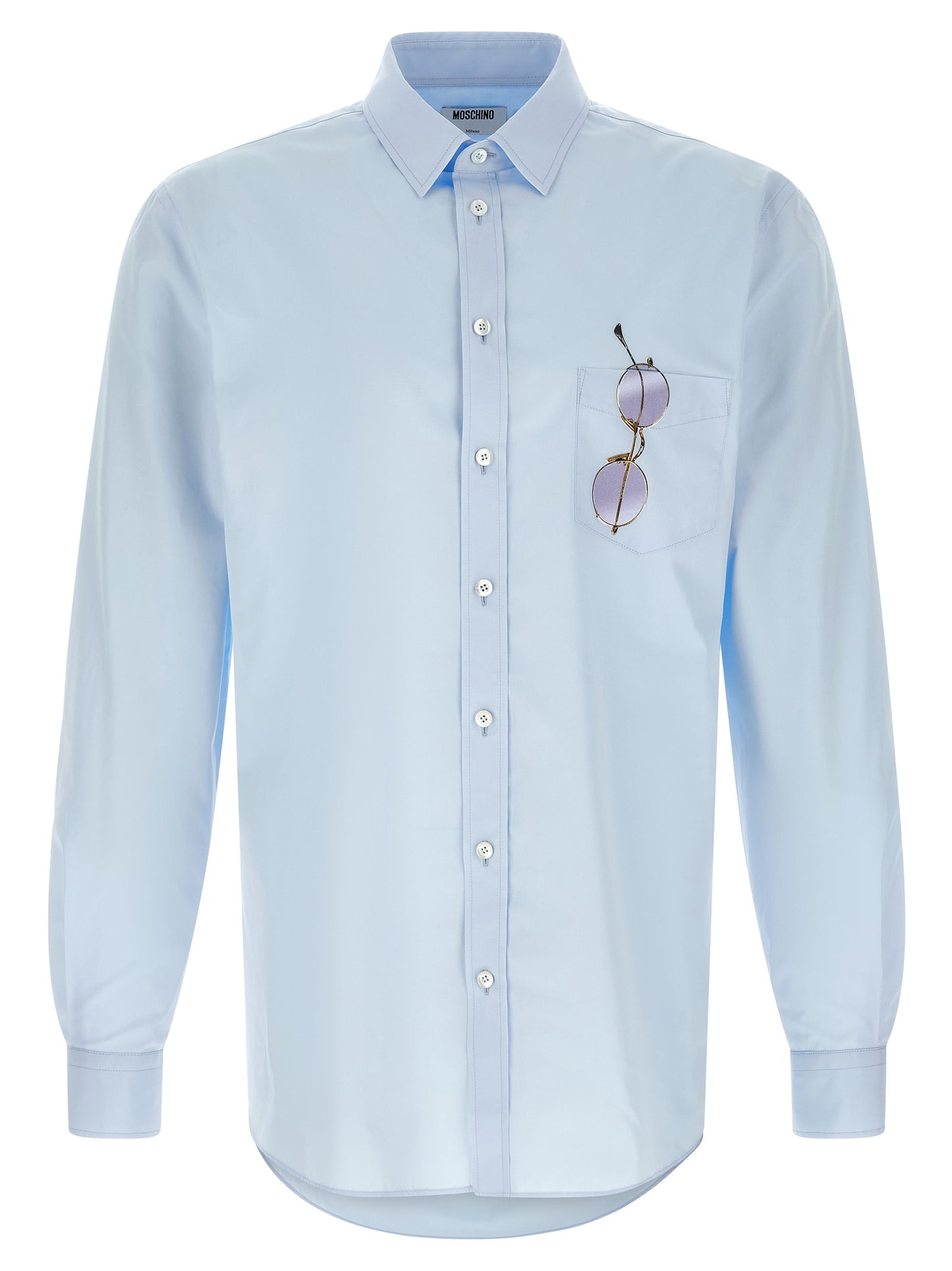 Shirt by Moschino for men in cotton light-blue & print presents a discerning silhouette, showcasing a sophisticated and for a truly discerning finish.
