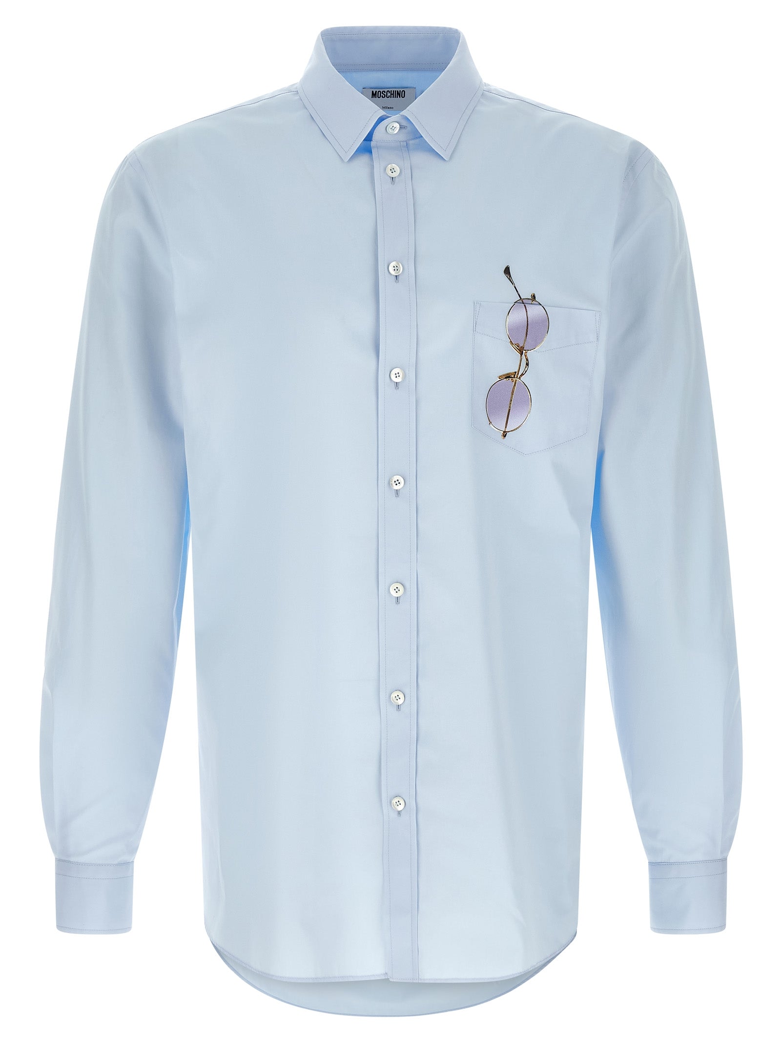 Shirt by Moschino for men in cotton light-blue & print presents a discerning silhouette, showcasing a sophisticated and for a truly discerning finish.