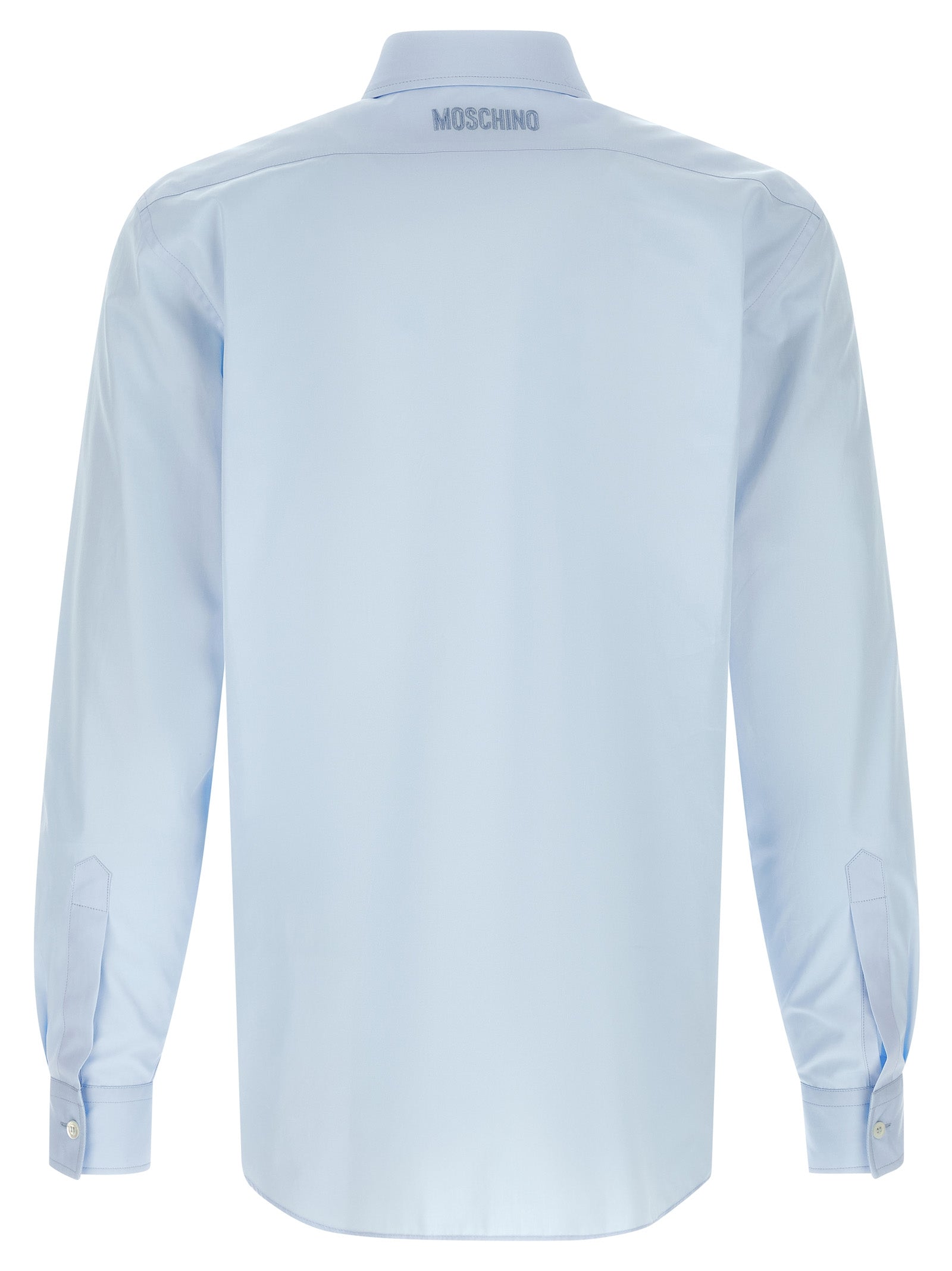 Shirt by Moschino for men in cotton light-blue & print showcases a sublime silhouette, artfully detailed with a sublime and for a sophisticated, sublime finish.