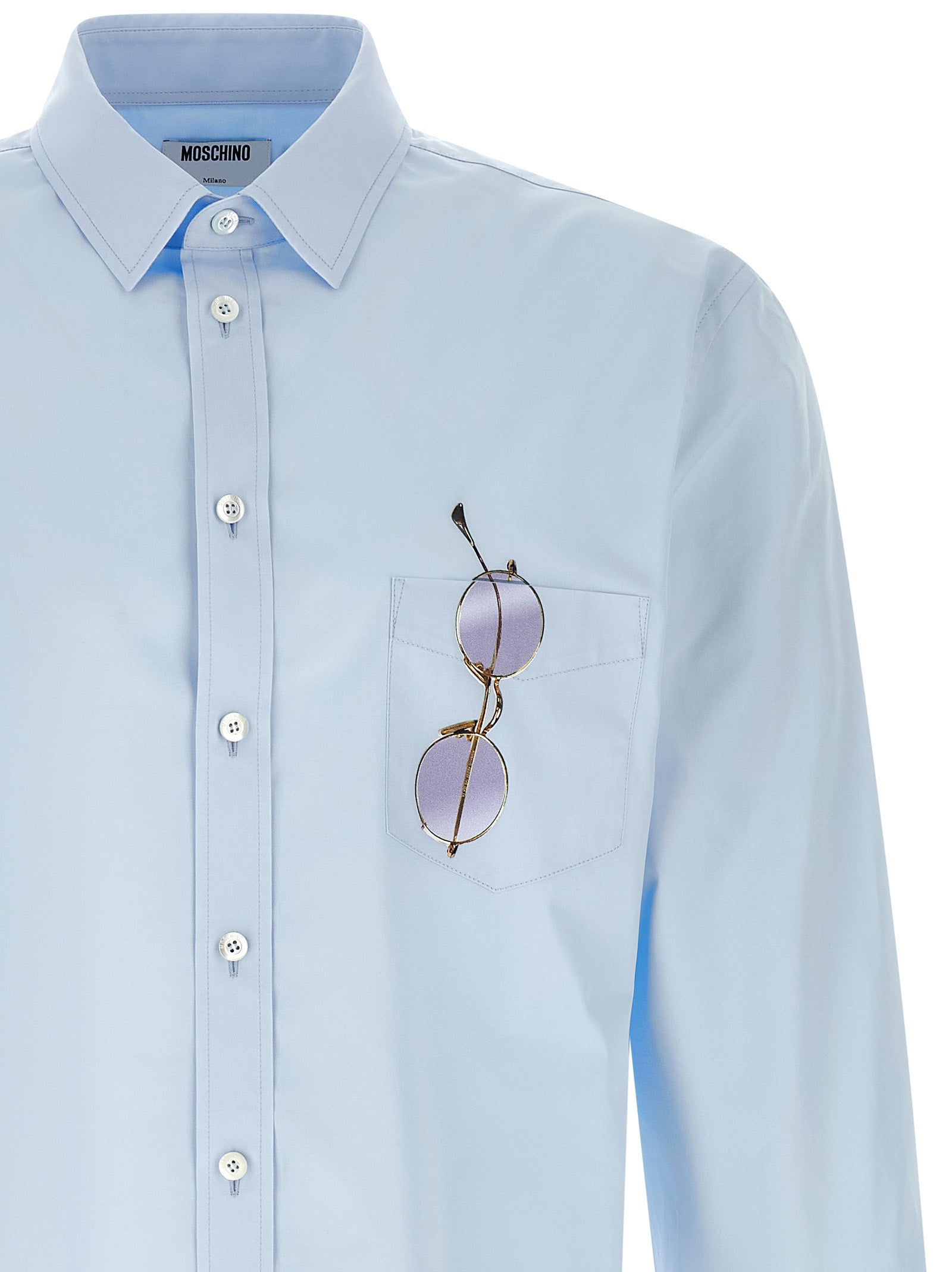 Shirt by Moschino for men in cotton light-blue & print features an polished silhouette, showcasing a sophisticated and detail for a truly polished finish.