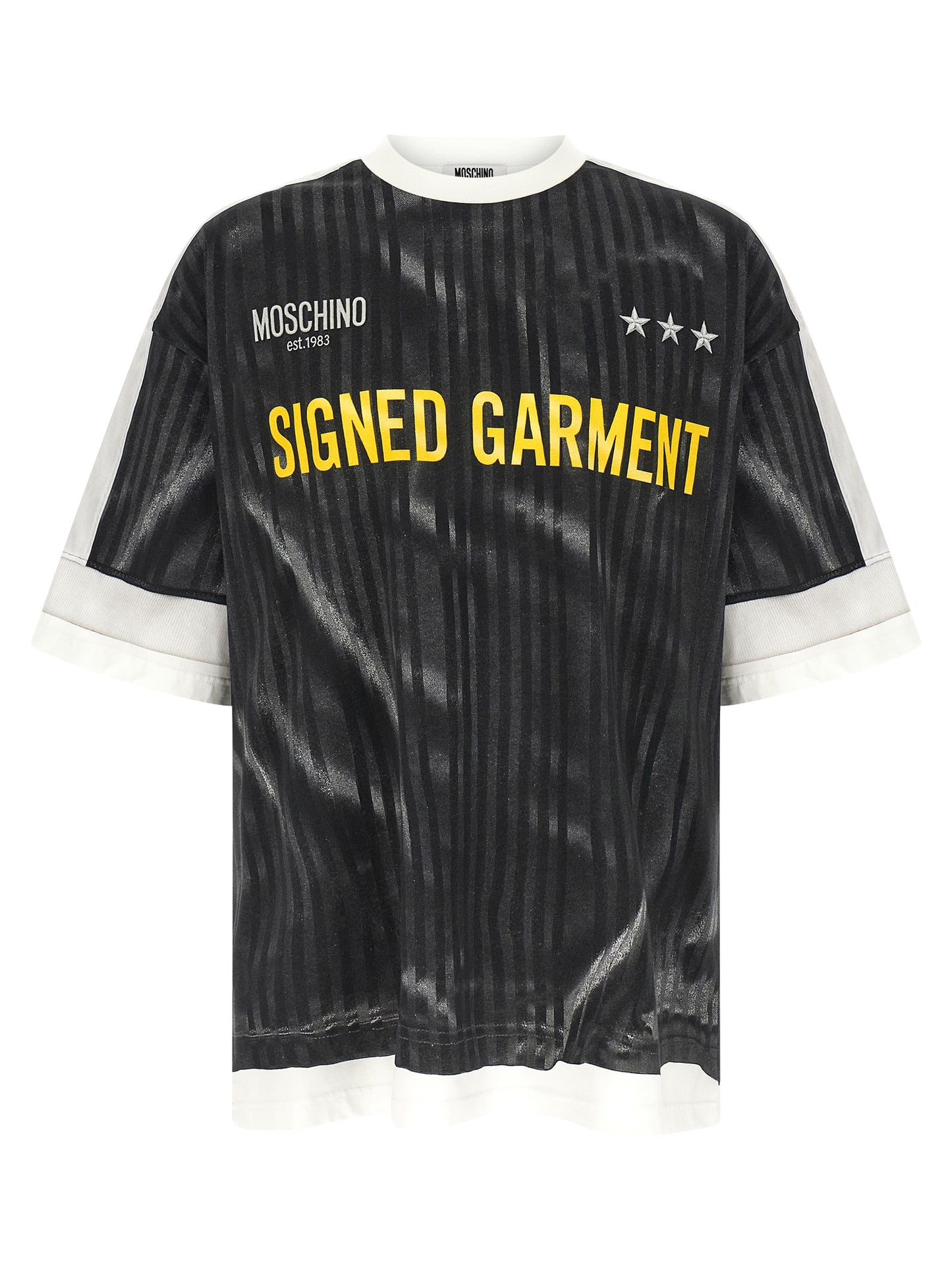 Activewear T-Shirt by Moschino for men in organic cotton black & print features a sporty silhouette with short-sleeve and crew neckline, showcasing innovative for a sporty finish.