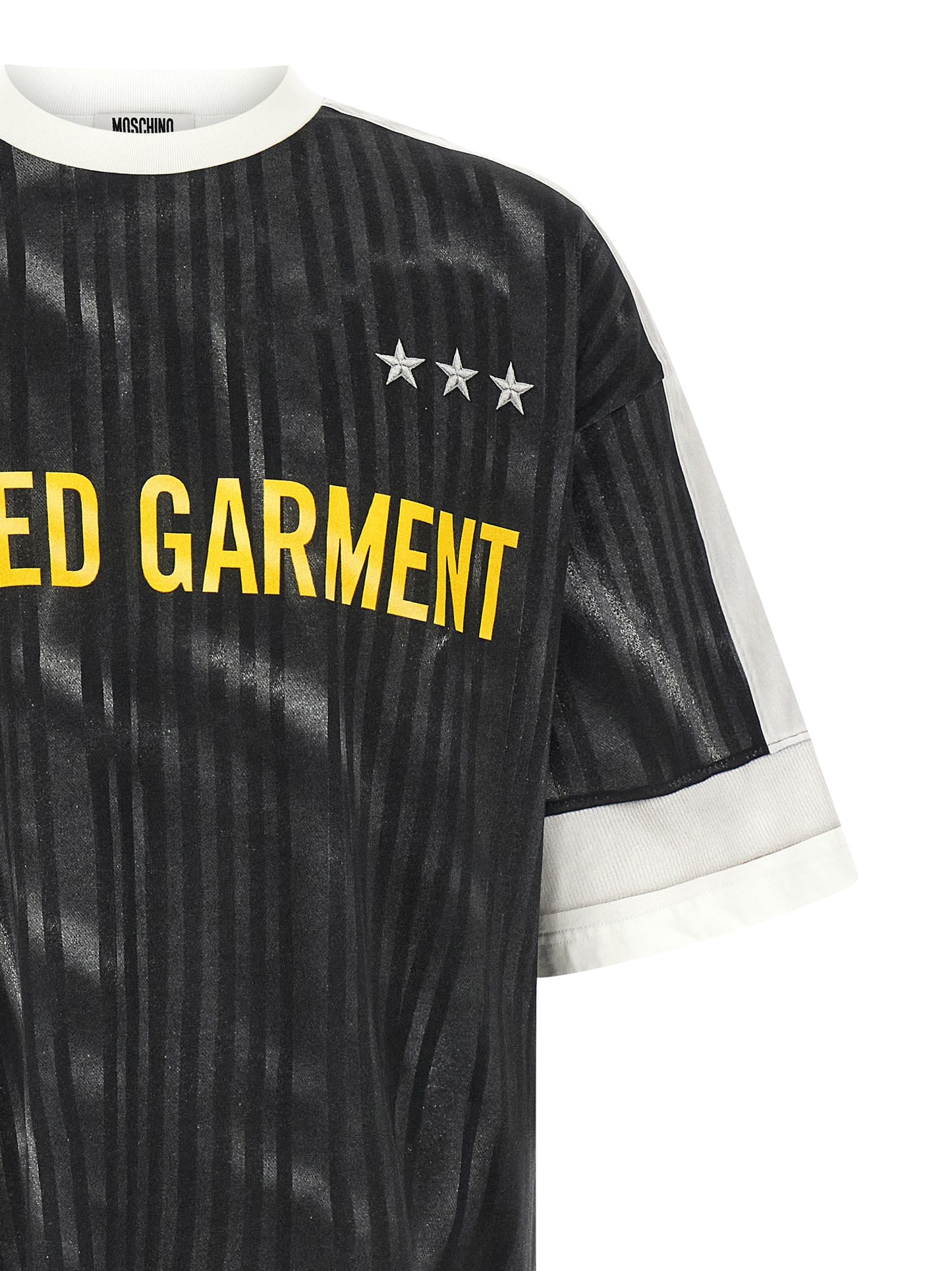Activewear T-Shirt by Moschino for men in organic cotton black & print features a dynamic silhouette with and crew neckline enhanced by functional .