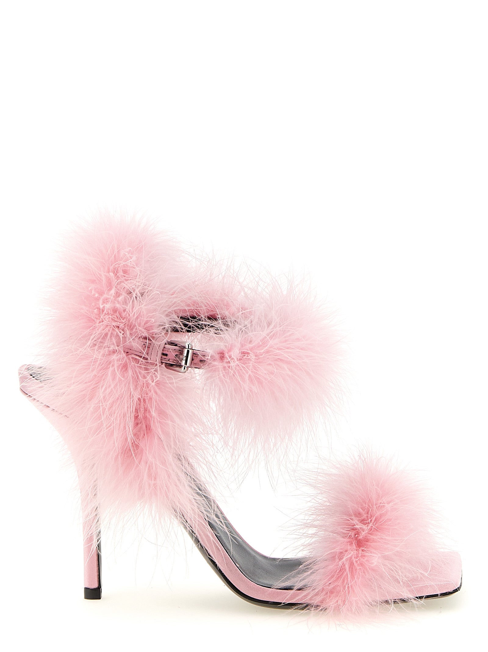 Stiletto Sandals by Moschino for women in viscose silk satin & leather multicolor & pink features an architectural design from the Women's Viscose Silk Satin & Leather Stiletto Sandals collection, defined by a architectural stiletto and square toe style for a architectural finish.