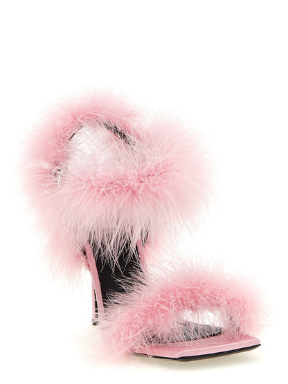 Stiletto Sandals by Moschino for women in viscose silk satin & leather multicolor & pink showcases a sculptural silhouette as Women's Viscose Silk Satin & Leather Stiletto Sandals, defined by a sculptural stiletto and sculptural square toe style for a sculptural look.