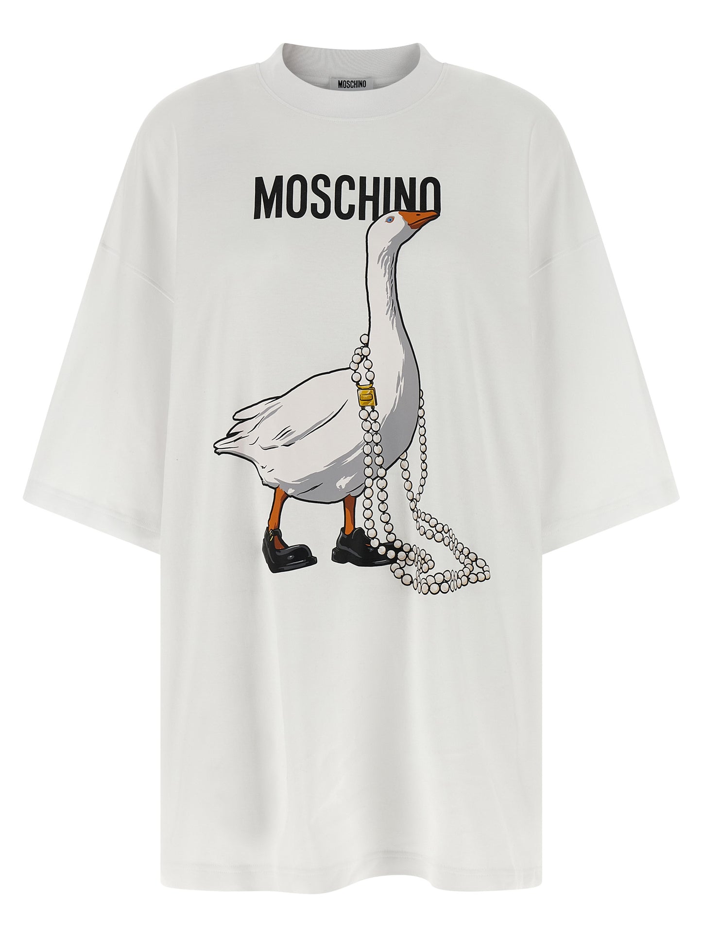 Dress by Moschino for women in cotton white & print presents a sinuous silhouette, showcasing a sophisticated crew neckline and short-sleeve detailed with a sinuous short mini for a refined finish.