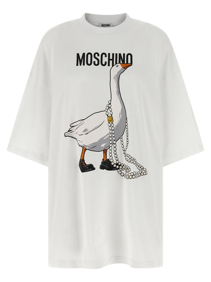 Dress by Moschino for women in cotton white & print presents a sinuous silhouette, showcasing a sophisticated crew neckline and short-sleeve detailed with a sinuous short mini for a refined finish.
