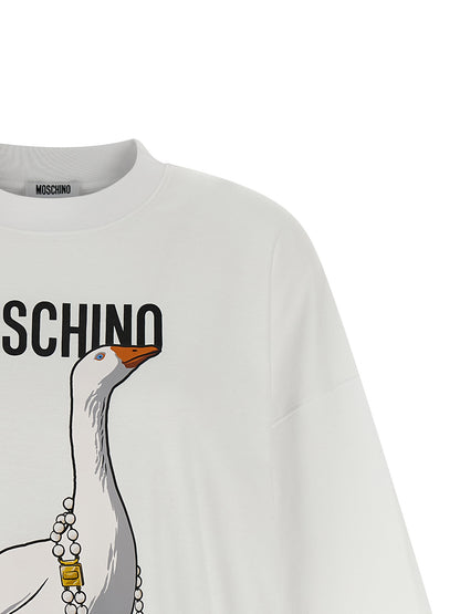 Dress by Moschino for women in cotton white & print features an sultry silhouette defined by a crew neckline and , falling to an sultry short mini for a sultry look.
