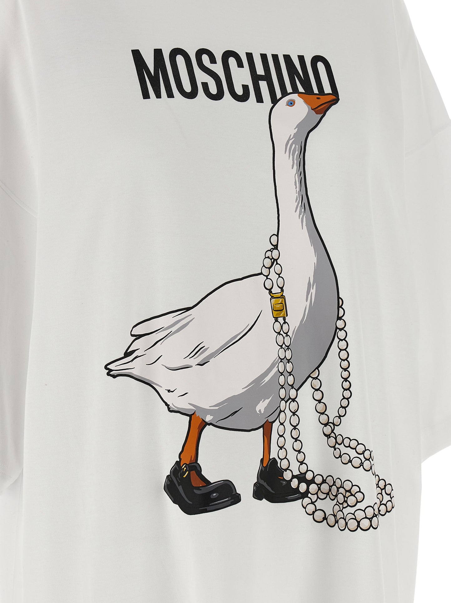 Dress by Moschino for women in cotton white & print features an eye catching silhouette with a sophisticated , elegant , and a refined short mini for a eye catching aesthetic.