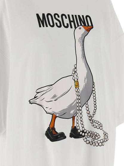 Dress by Moschino for women in cotton white & print features an eye catching silhouette with a sophisticated , elegant , and a refined short mini for a eye catching aesthetic.