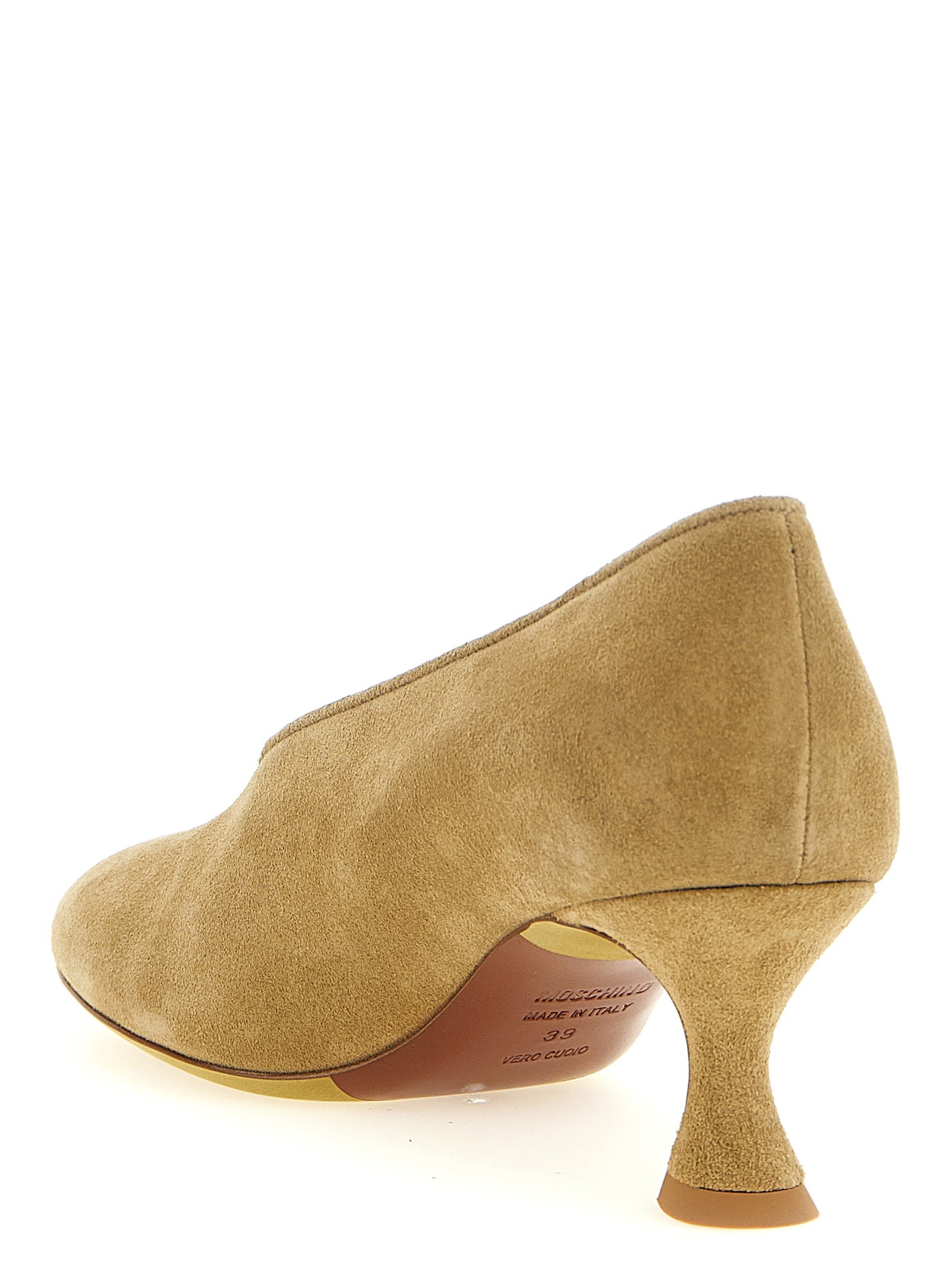 Mid-Heel Spool Pumps Heels by Moschino for women in suede calfskin leather and beige showcases a effortlessly elegant silhouette as Women's Suede Calfskin Leather Mid-Heel Spool Pumps Heels, featuring a effortlessly elegant mid-heel spool-heel and a effortlessly elegant for an elegant look.