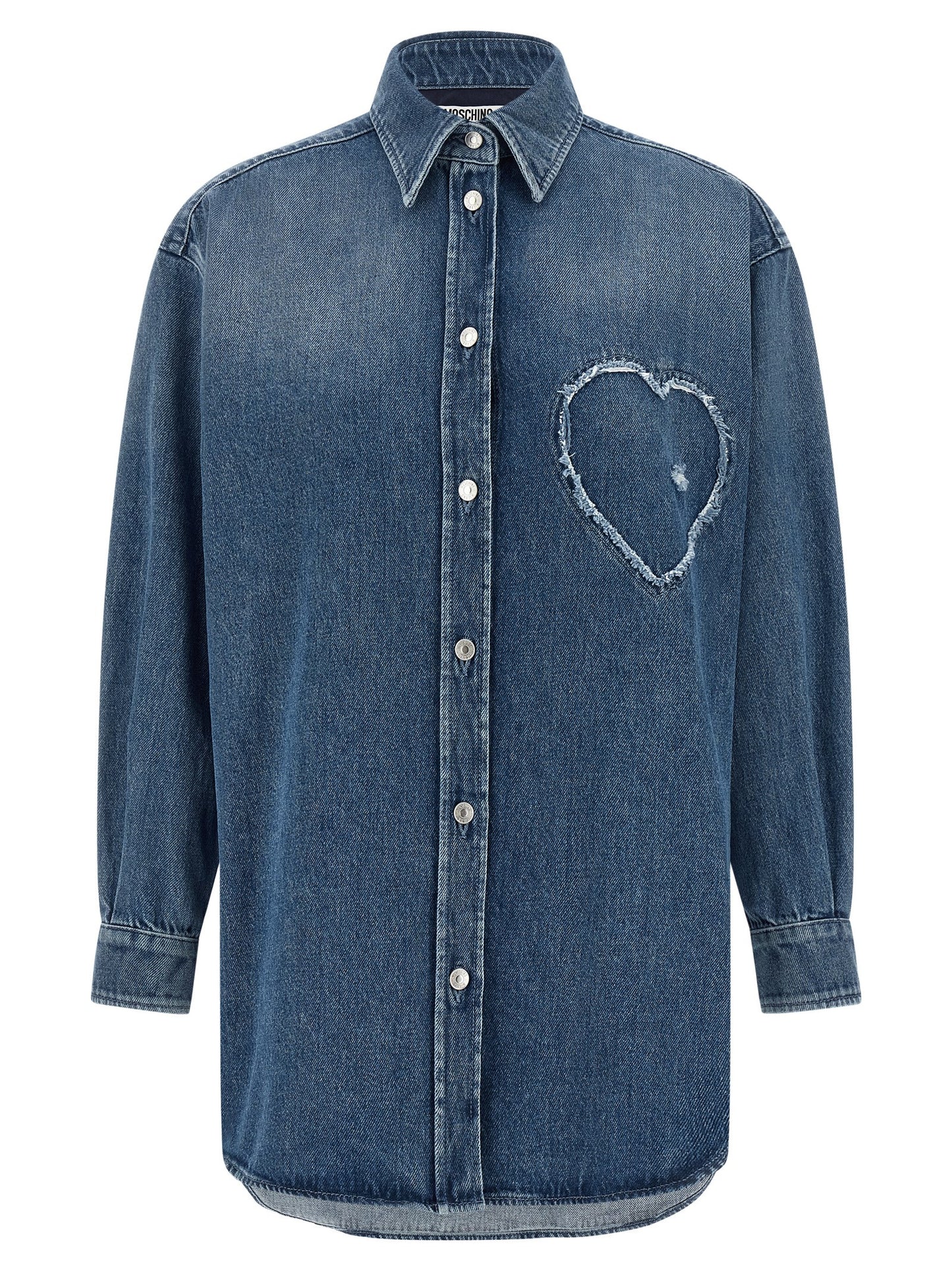 Blouse by Moschino for women in cotton denim blue presents a discerning silhouette, showcasing a sophisticated and for a truly discerning finish.