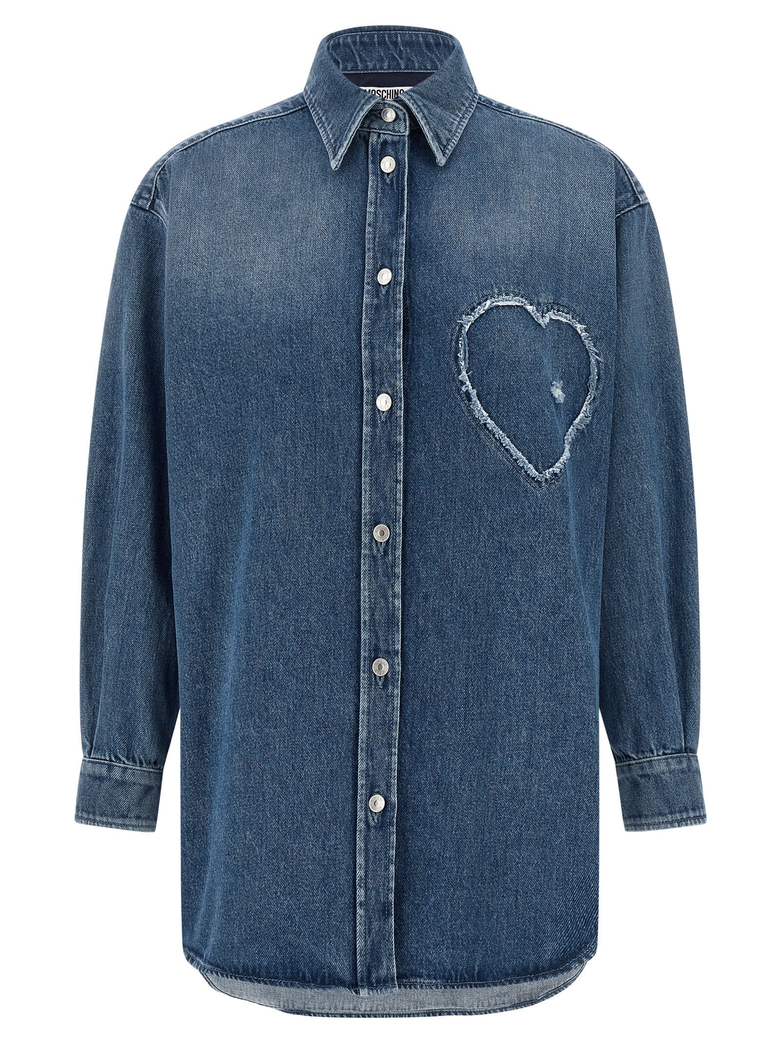 Blouse by Moschino for women in cotton denim blue presents a discerning silhouette, showcasing a sophisticated and for a truly discerning finish.