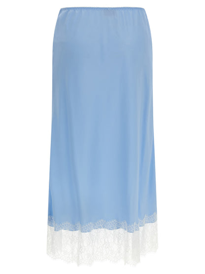 Skirt by Moschino for women in silk acetate twill light-blue showcases a sultry silhouette, elegantly defined by its midi and the sophisticated sultry design of the Women's Flared Silk Acetate Twill Midi Skirt.
