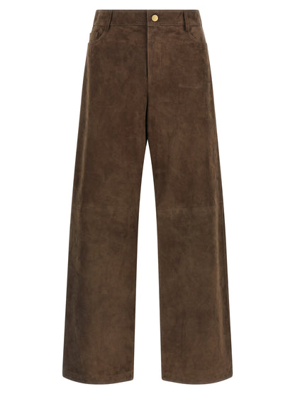 Casual Pants by S Max Mara for women in suede lamb leather brown features an sartorial straight-leg & wide and long with a mid rise cut for a sartorial finish.