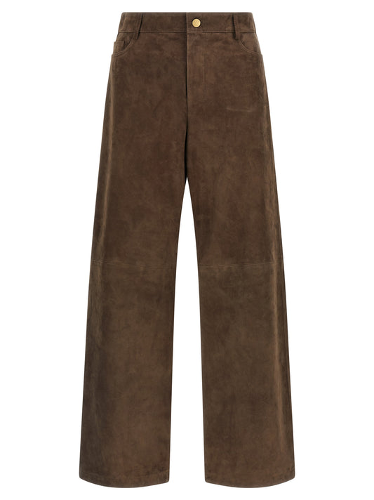 Casual Pants by S Max Mara for women in suede lamb leather brown features an sartorial straight-leg & wide and long with a mid rise cut for a sartorial finish.