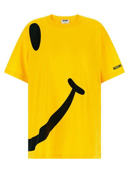 T-Shirt by Moschino for women in organic cotton bicolour, yellow, signature & print showcases a unassuming silhouette, artfully detailed with a refined crew neckline and unassuming short-sleeve for a sophisticated, contemporary look.