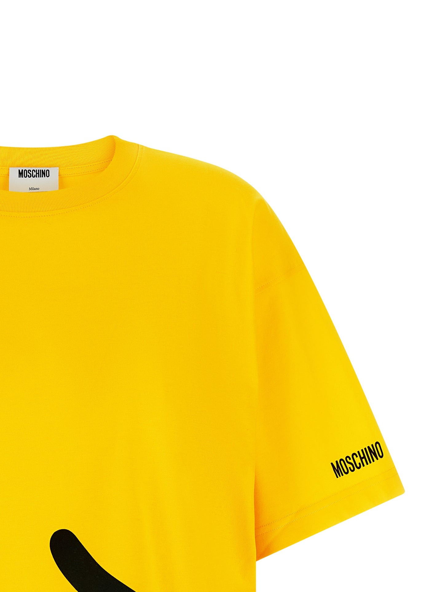 T-Shirt by Moschino for women in organic cotton bicolour, yellow, signature & print showcases a fashionable silhouette, elegantly detailed with a fashionable and crew neckline for a sophisticated, high-fashion look.