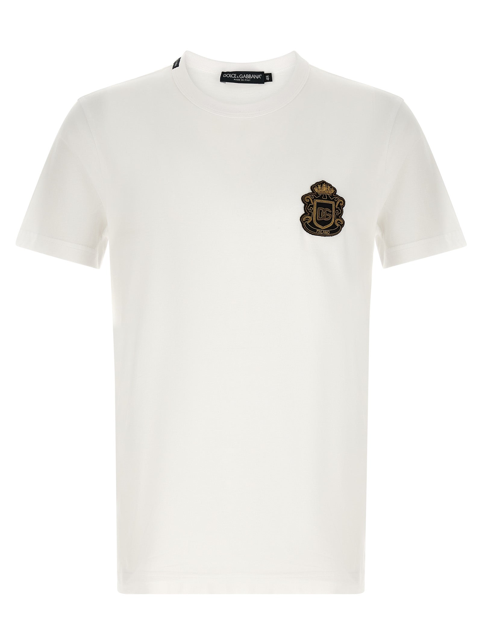 T-Shirt by Dolce & Gabbana for men in cotton white showcases a fashionable silhouette, elegantly detailed with a fashionable short-sleeve and crew neckline for a sophisticated, high-fashion look.