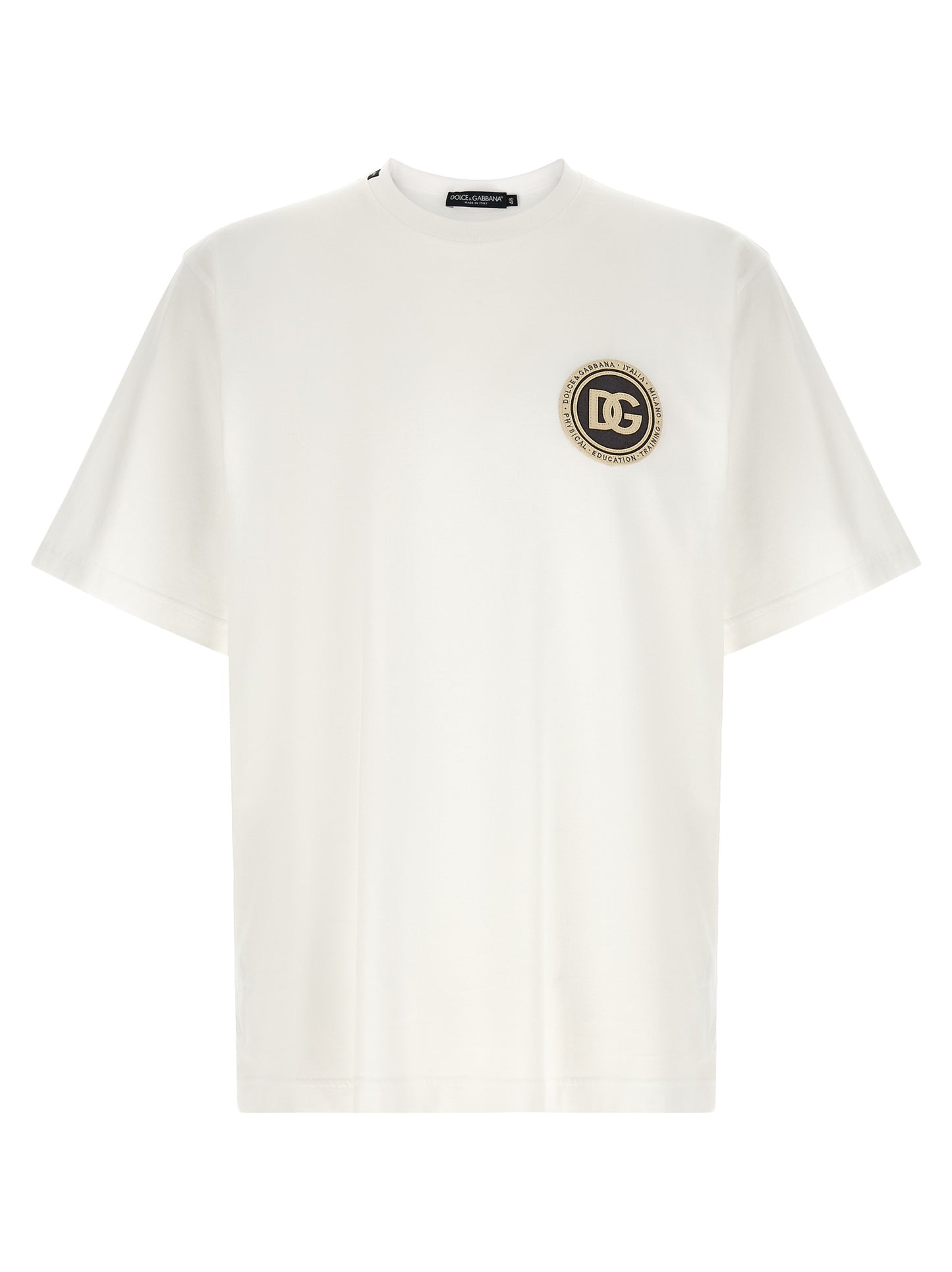 T-Shirt by Dolce & Gabbana for men in cotton white & signature showcases a unassuming silhouette, artfully detailed with a refined crew neckline and unassuming short-sleeve for a sophisticated, contemporary look.