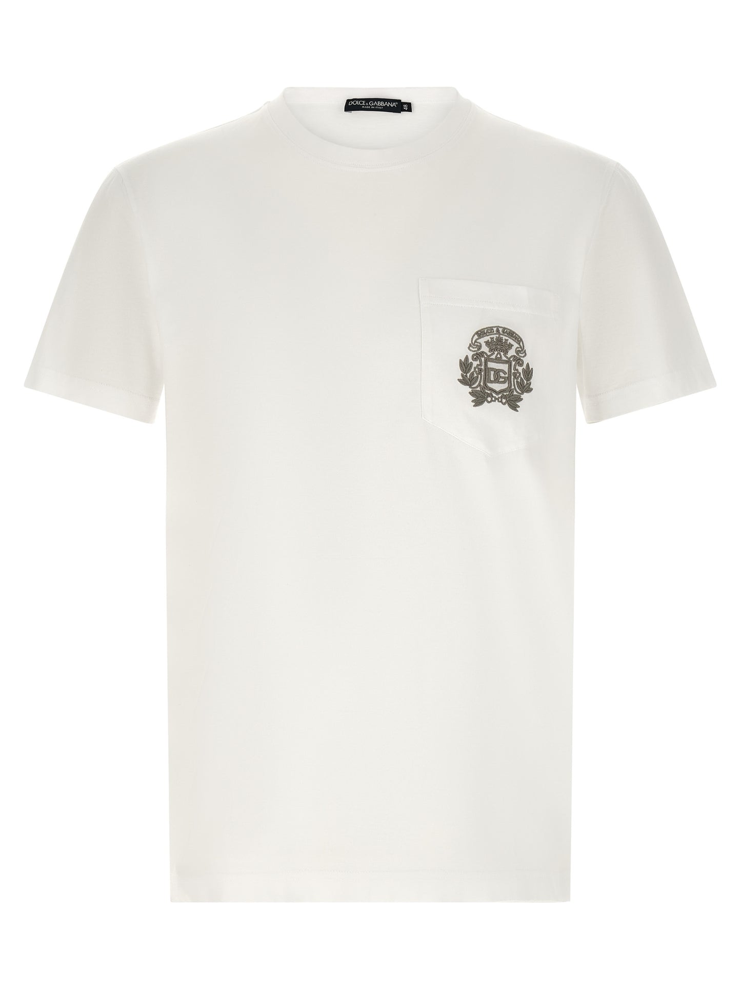 T-Shirt by Dolce & Gabbana for men in cotton white showcases a fashionable silhouette, elegantly detailed with a fashionable short-sleeve and crew neckline for a sophisticated, high-fashion look.