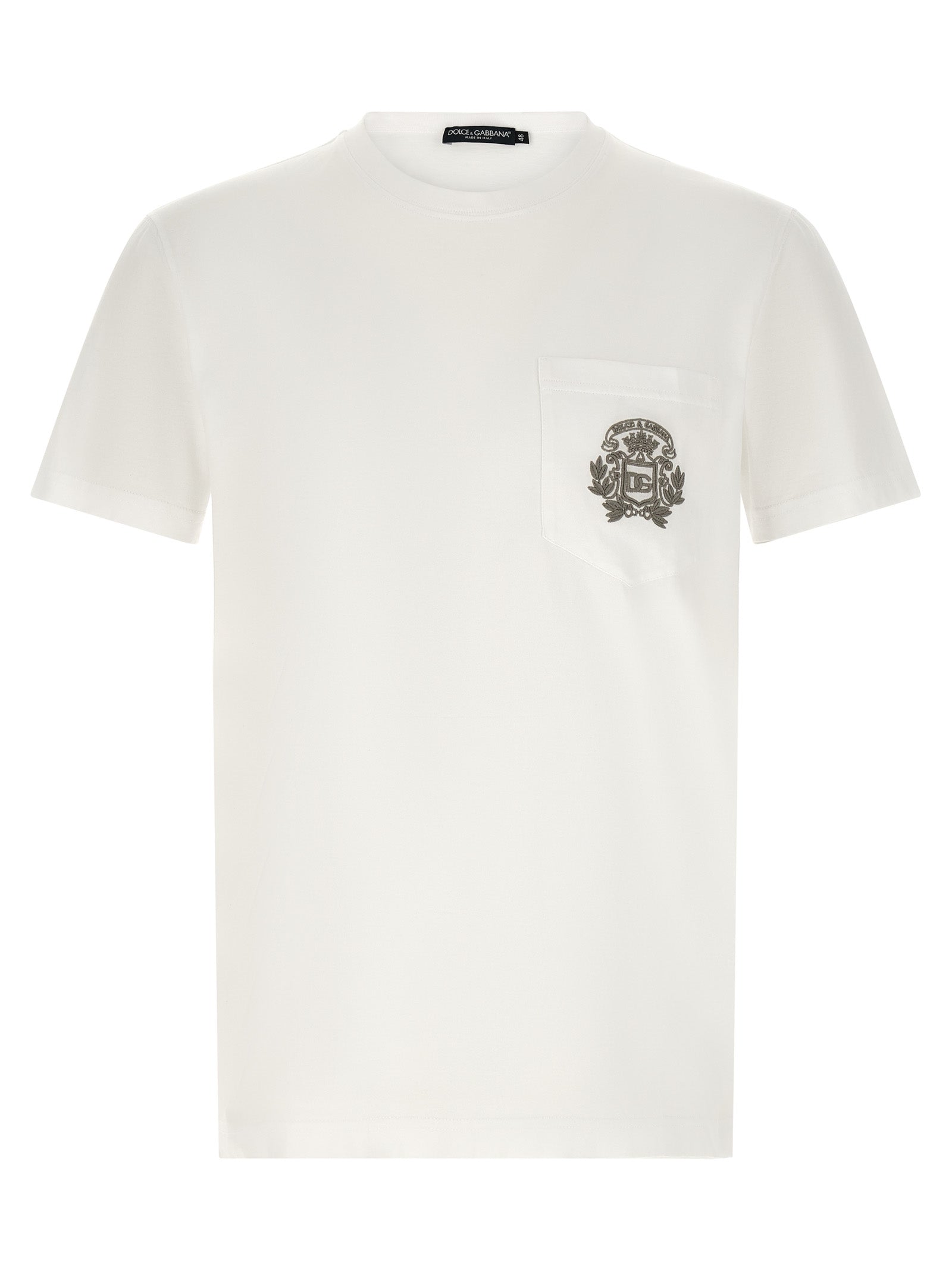 T-Shirt by Dolce & Gabbana for men in cotton white showcases a fashionable silhouette, elegantly detailed with a fashionable short-sleeve and crew neckline for a sophisticated, high-fashion look.