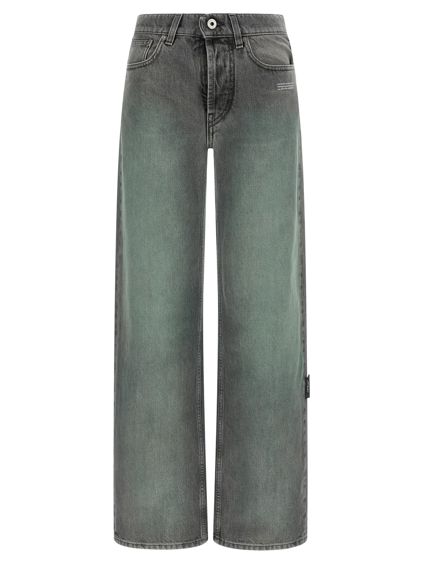 Jeans by Off-White for women in denim cotton gray, white, signature & print features an sophisticated and straight-leg & wide with a precise long, creating a sophisticated and sophisticated silhouette.
