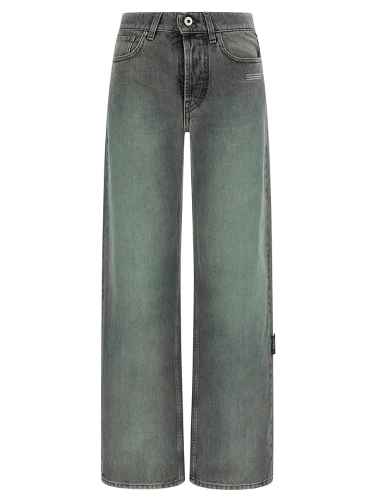 Jeans by Off-White for women in denim cotton gray, white, signature & print features an sophisticated and straight-leg & wide with a precise long, creating a sophisticated and sophisticated silhouette.
