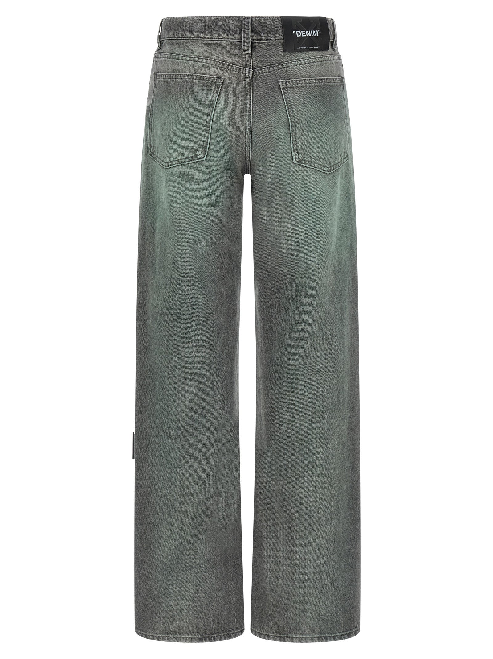 Jeans by Off-White for women in denim cotton gray, white, signature & print presents a refined pantology silhouette, artfully defined by a refined pantology straight-leg & wide, long, and a sophisticated .
