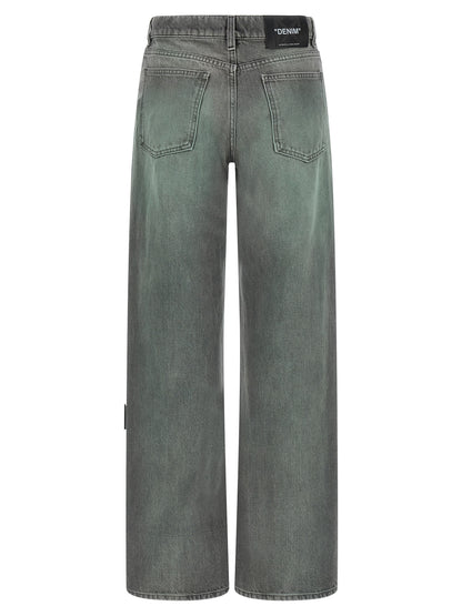 Jeans by Off-White for women in denim cotton gray, white, signature & print presents a refined pantology silhouette, artfully defined by a refined pantology straight-leg & wide, long, and a sophisticated .
