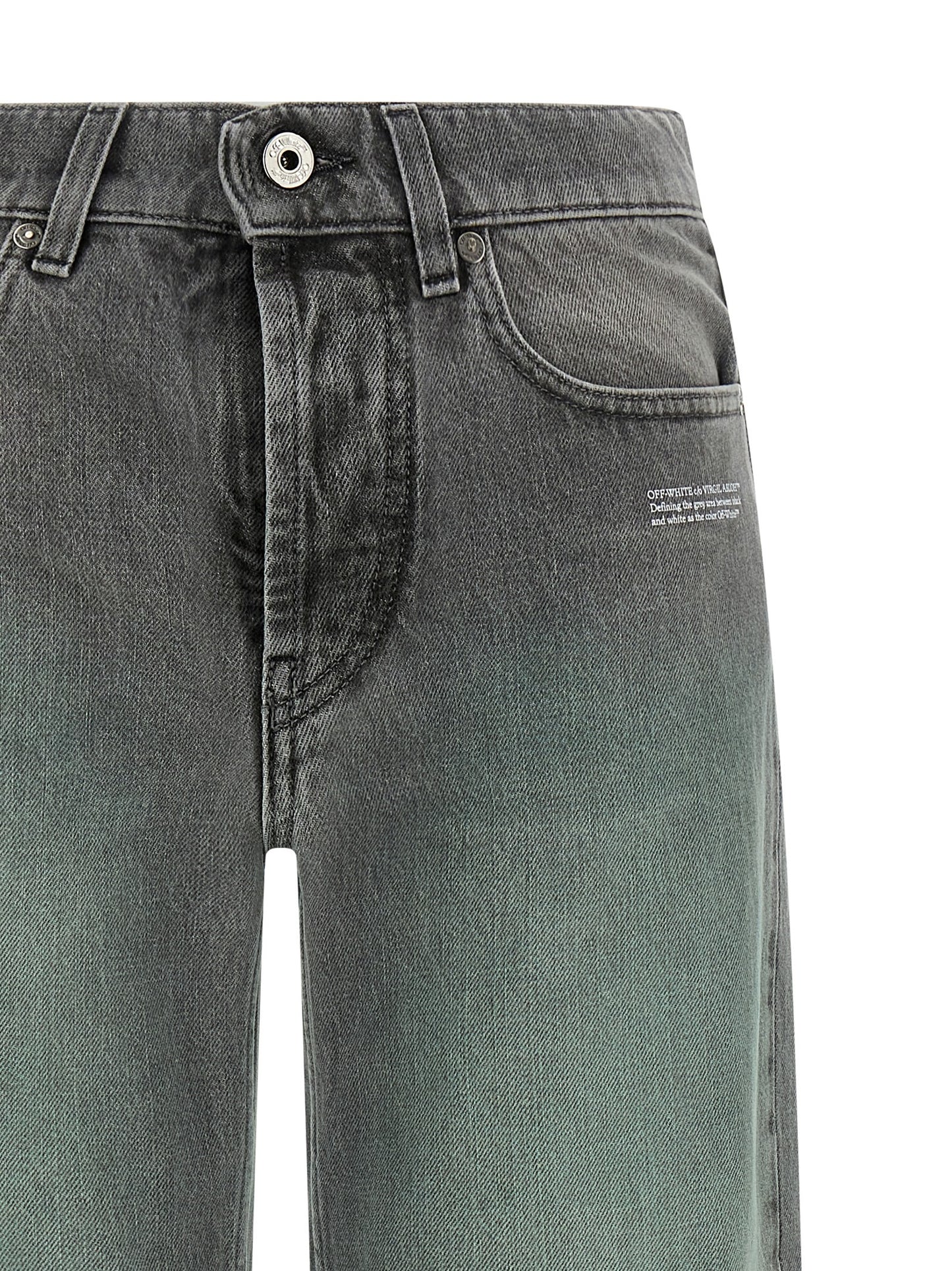 Jeans by Off-White for women in denim cotton gray, white, signature & print features an refined tailoring silhouette, showcasing a premium straight-leg & wide with a and long cut for a refined tailoring look.