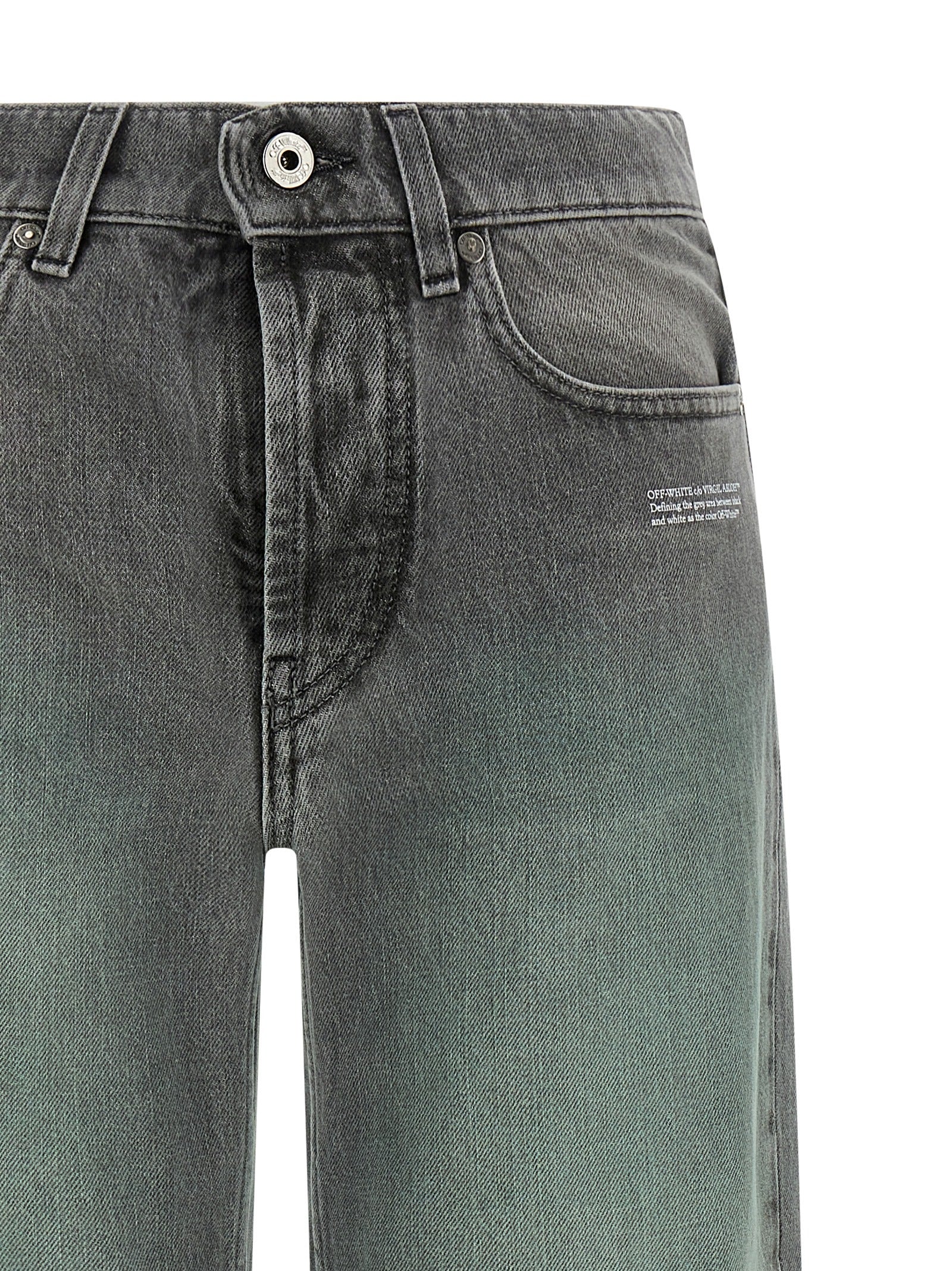 Jeans by Off-White for women in denim cotton gray, white, signature & print features an refined tailoring silhouette, showcasing a premium straight-leg & wide with a and long cut for a refined tailoring look.