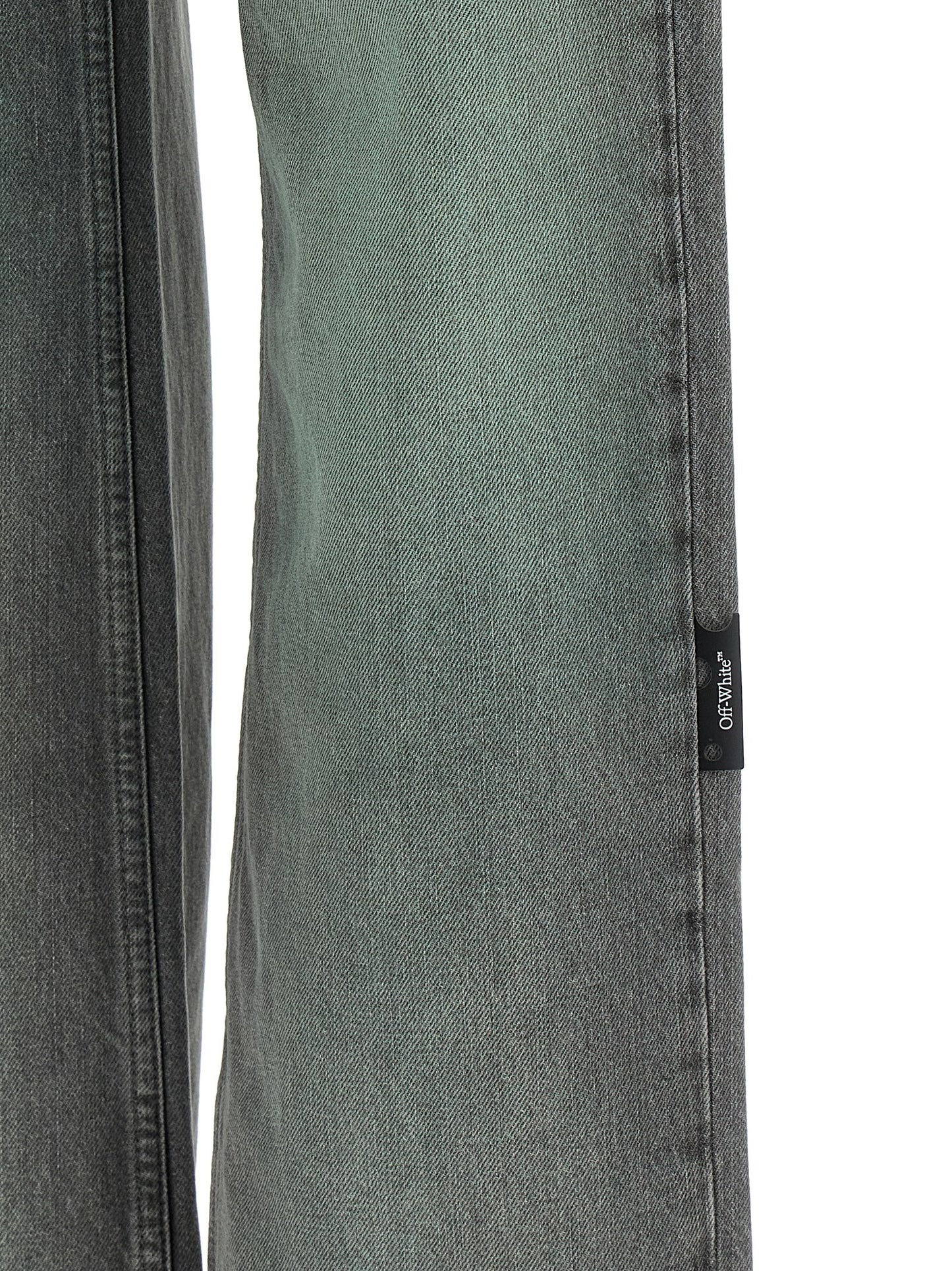 Jeans by Off-White for women in denim cotton gray, white, signature & print features a polished silhouette with a polished straight-leg & wide, reaching a polished long and finished with a polished .