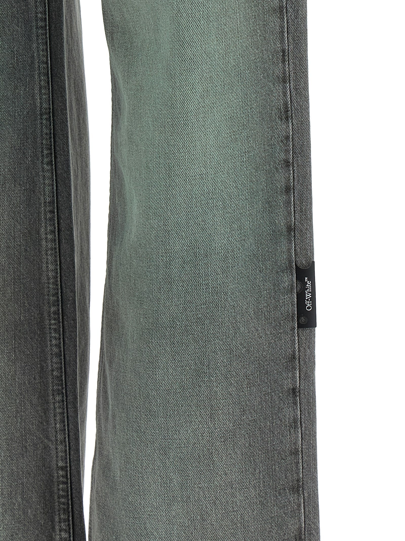Jeans by Off-White for women in denim cotton gray, white, signature & print features a polished silhouette with a polished straight-leg & wide, reaching a polished long and finished with a polished .