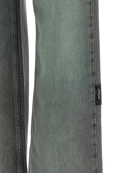 Jeans by Off-White for women in denim cotton gray, white, signature & print features a polished silhouette with a polished straight-leg & wide, reaching a polished long and finished with a polished .