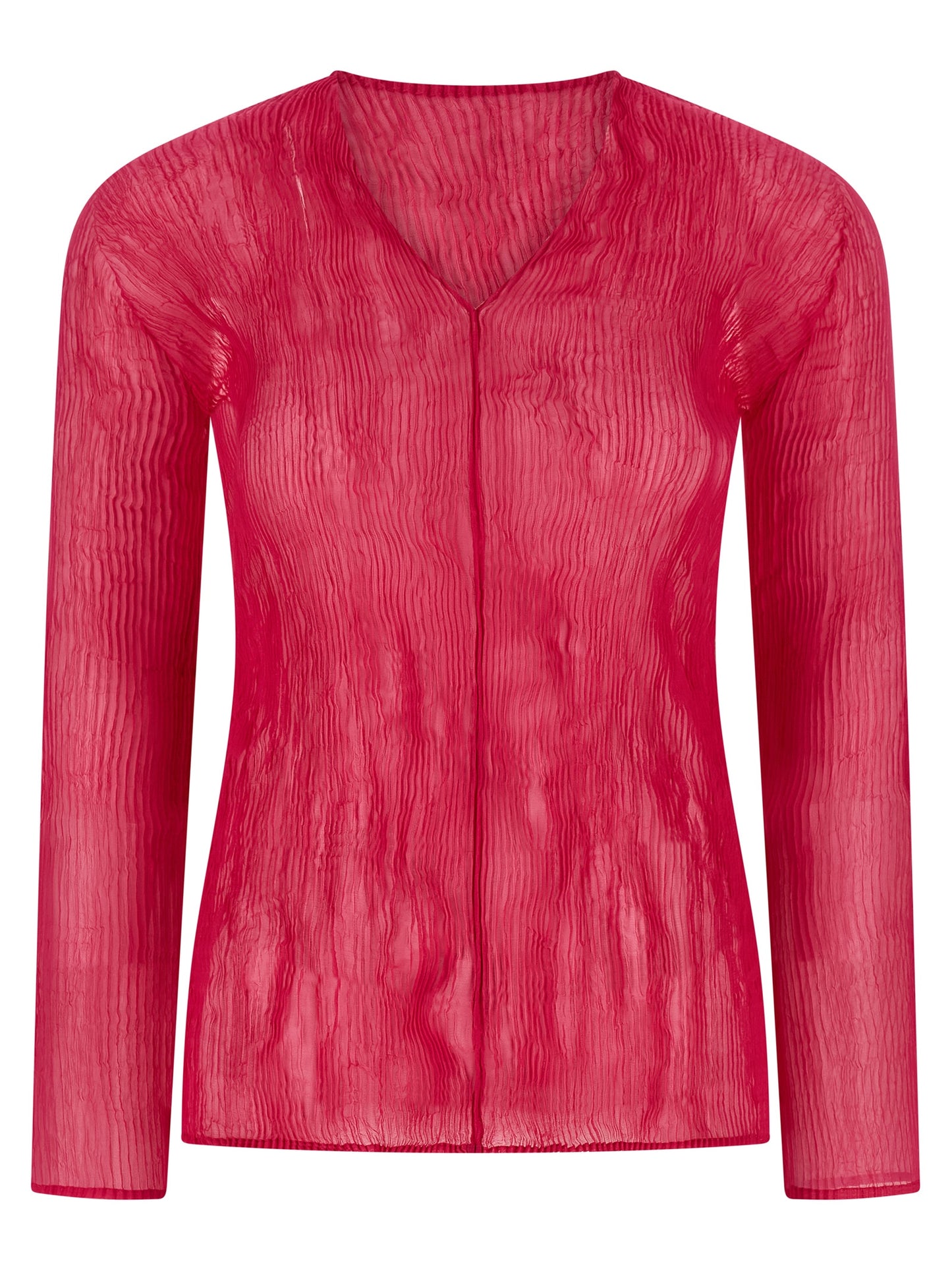 Issey Miyake Women's Long-Sleeve V Neck Polyester Chiffon Shirt - Fuchsia Transparent