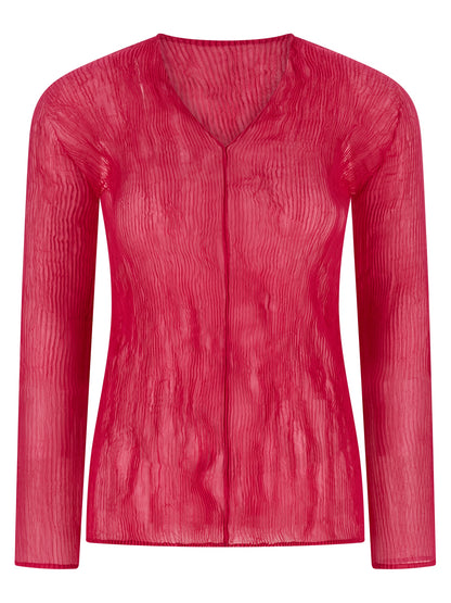 Issey Miyake Women's Long-Sleeve V Neck Polyester Chiffon Shirt - Fuchsia Transparent