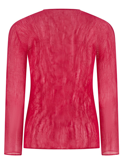 Issey Miyake Women's Long-Sleeve V Neck Polyester Chiffon Shirt - Fuchsia Transparent