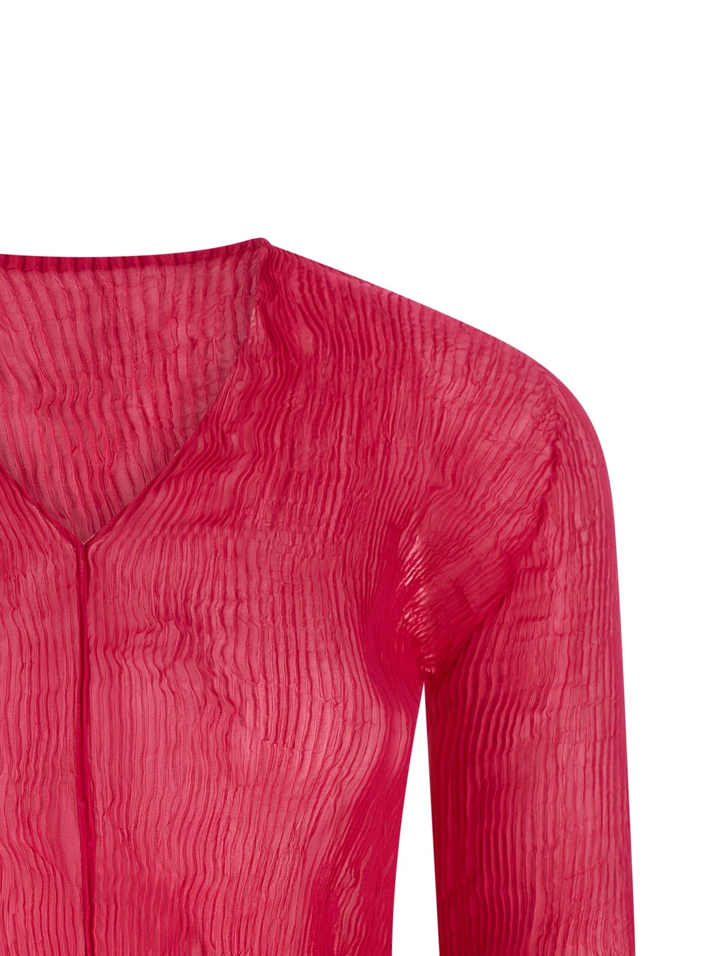 Issey Miyake Women's Long-Sleeve V Neck Polyester Chiffon Shirt - Fuchsia Transparent
