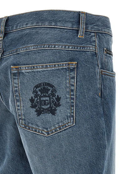 Jeans by Dolce & Gabbana for men in denim cotton blue features a polished silhouette with a polished straight-leg & regular-fit, reaching a polished long and finished with a polished .