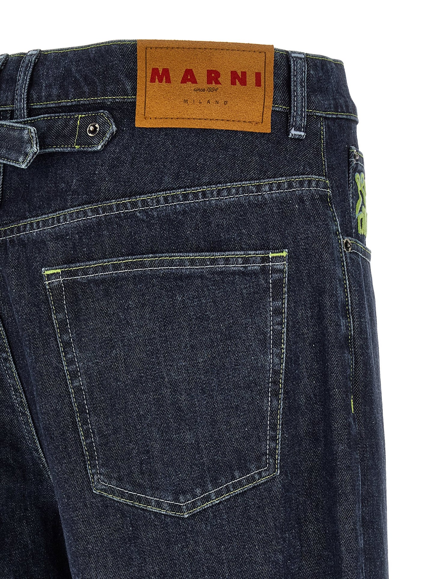 Jeans by Marni for men in denim cotton blue features a polished silhouette with a polished straight-leg & wide, reaching a polished long and finished with a polished .